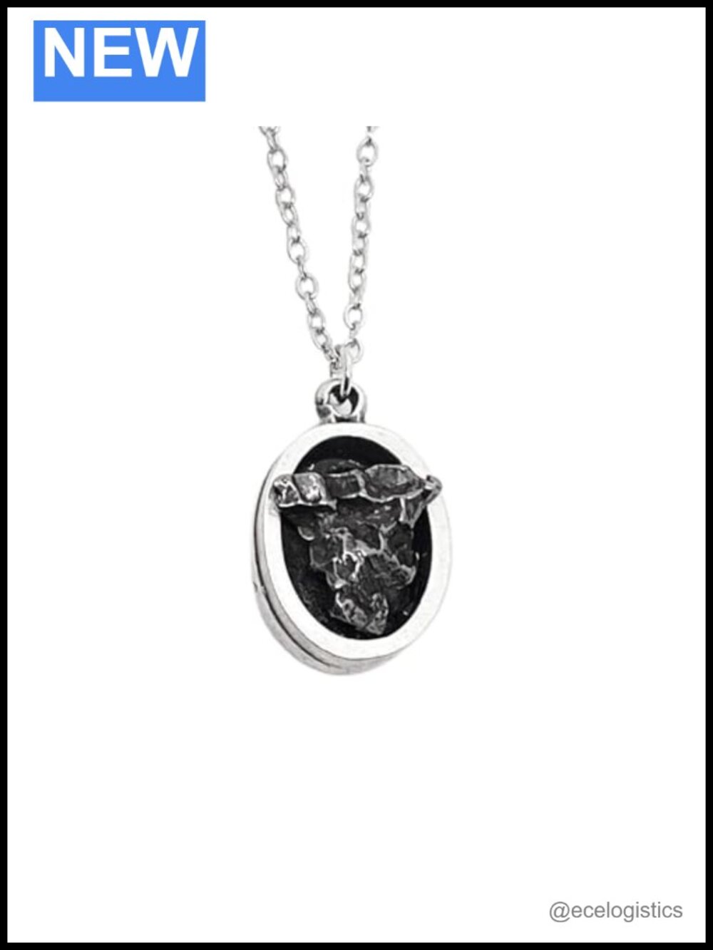 Handmade Oval Meteorite Pendant Necklace Rhodium Plated Brass 18" Chain